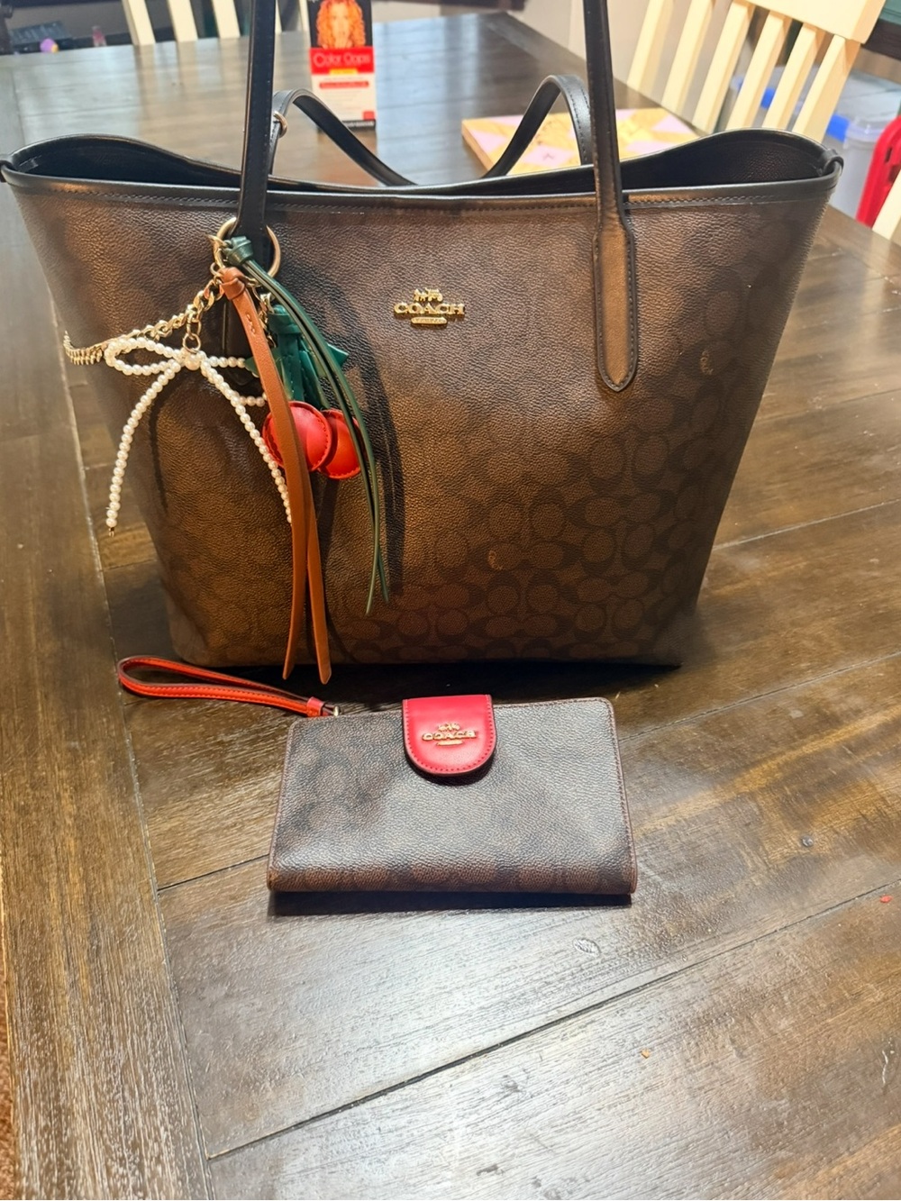 Coach Brown Signature Tote with Red-Trim Wristlet and Multicolor Tassel Charm